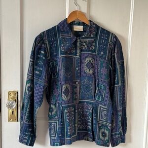 Vintage Patterned Blue Patchwork Women's Blouse size 38 Geiger